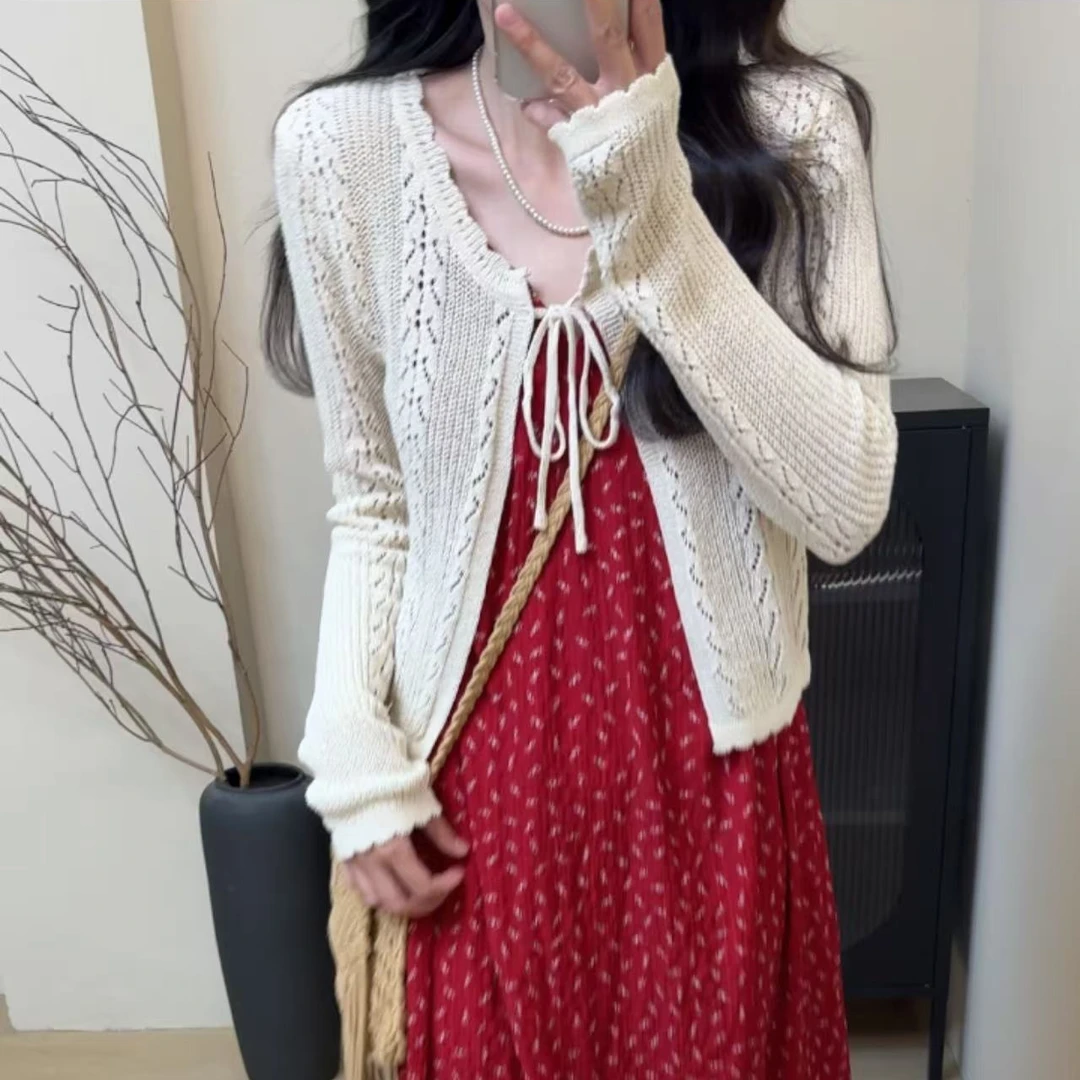 镂空针织衫开衫薄款v领外套女夏季时尚慵懒甜美短款长袖上衣