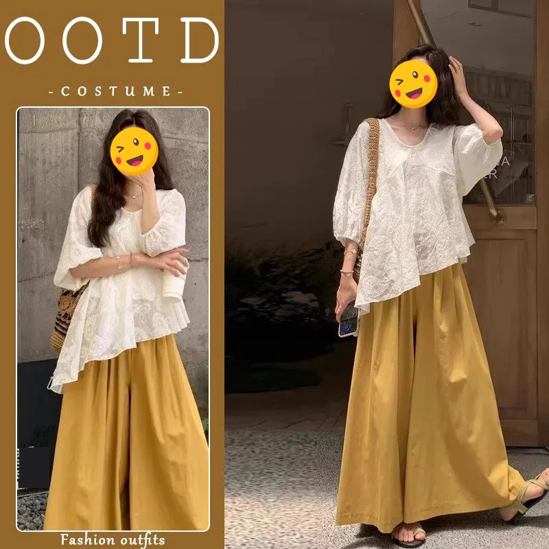 氛围感文艺范套装裤女韩系穿搭不规则绣花斜T阔腿裙裤