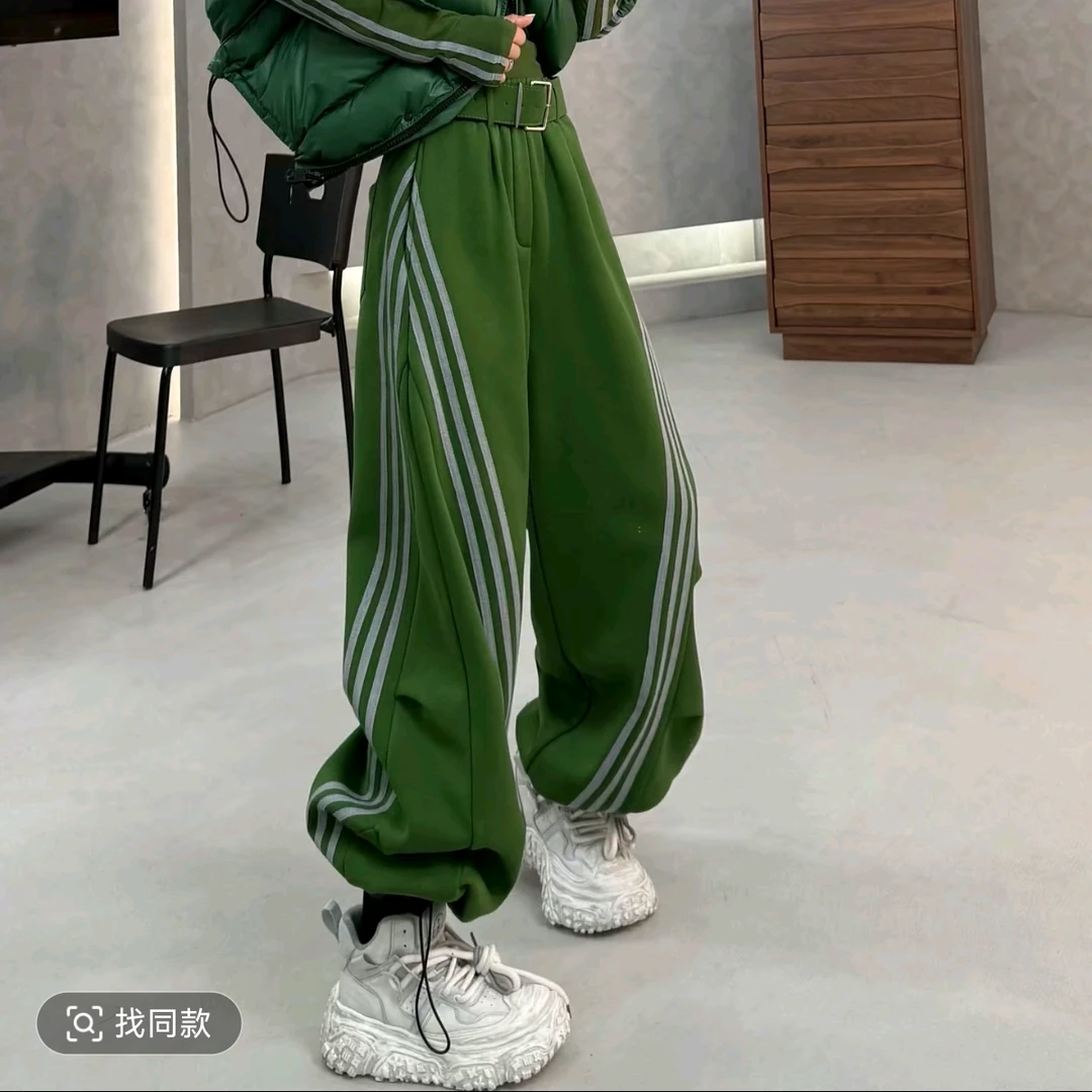 【大7定制】20096#原创加绒三道杠抽绳卫裤女