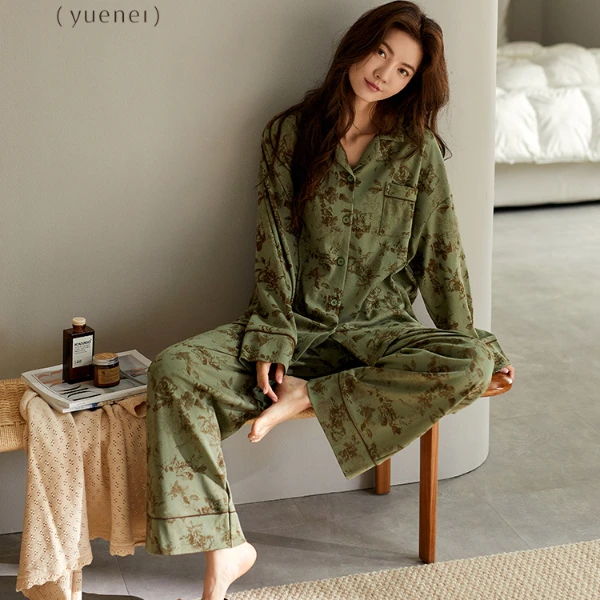 悦内睡衣女士款春秋季秋款纯棉质长袖家居服休闲可外穿高级感套装