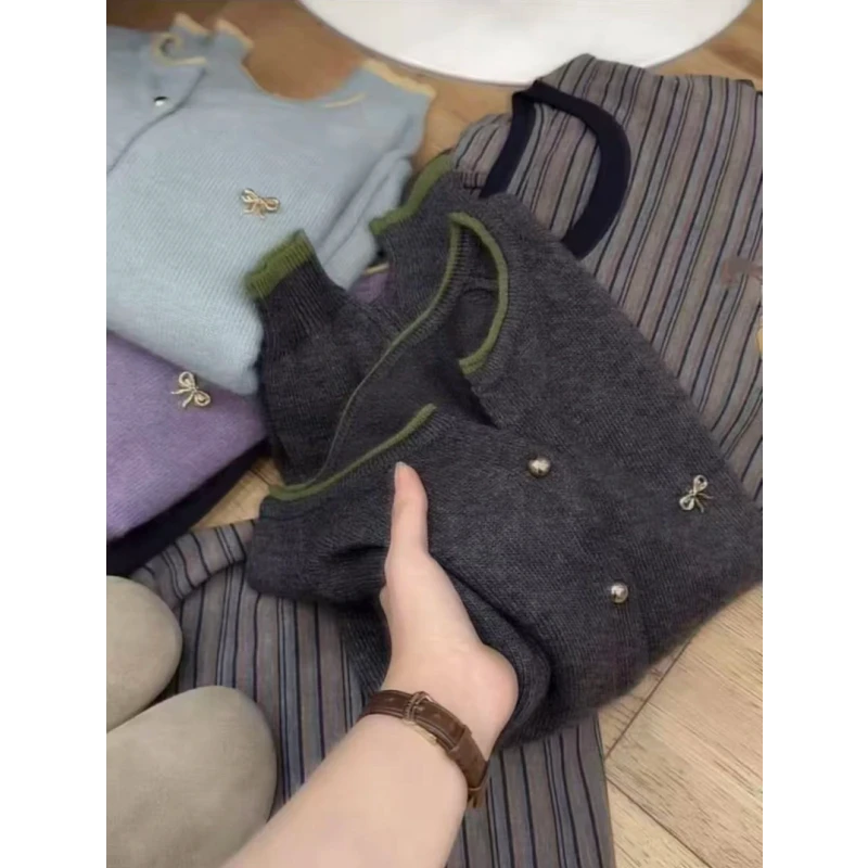 蝴蝶结软糯金豆毛衣开衫外套女时髦洋气春秋外穿针织衫上衣秋冬款