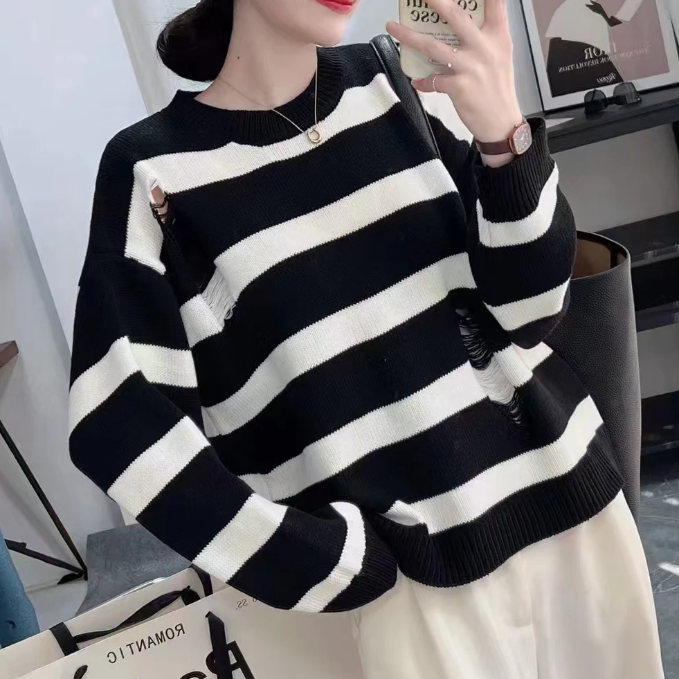 春秋新款条纹撞色圆领套头长袖毛衣针织内搭外穿上衣#2508