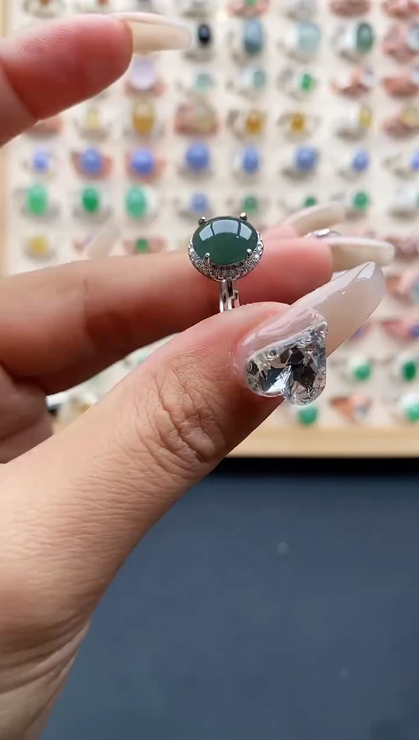 【闪购商品】翡翠戒指银S925镶嵌缅甸天然A货翡翠444  5+7