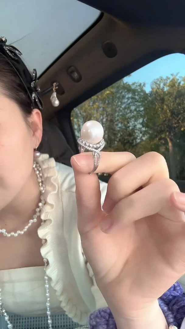 银S925镶嵌戒指淡水珍珠带钻925银大圆珠珍珠戒指
