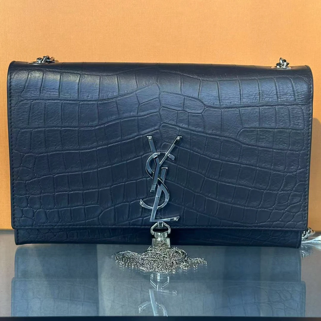 95新 YSL/圣罗兰 鳄压雾面棕银流苏/斜挎包链条包/许可