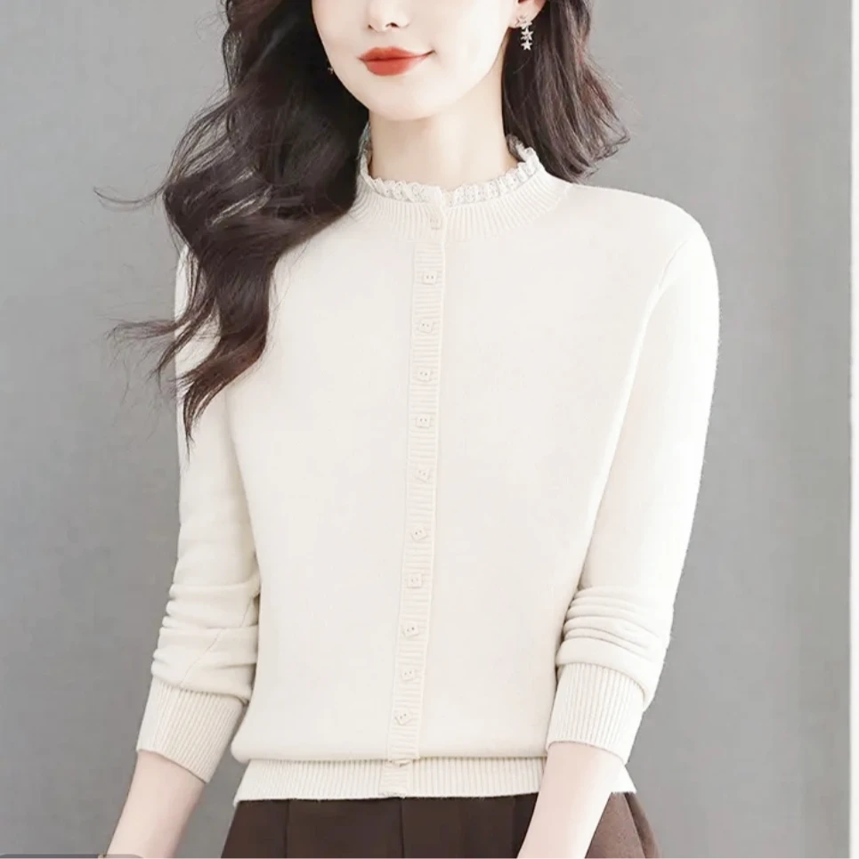 嫚黛雅  Designer 2025秋冬花边领加绒加厚百搭针织休闲打底毛衣