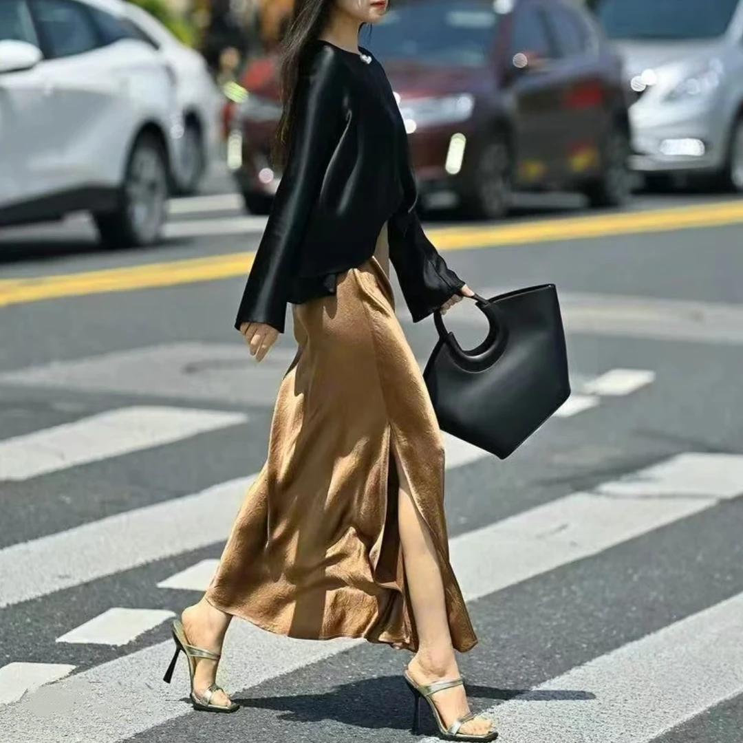 【运费补贴6-8】侧开叉+松紧拉链 珠光缎面a字裙气质高品质长裙90