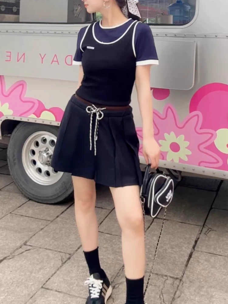 【济州岛】假两件短袖+休闲百褶裙套装 网家