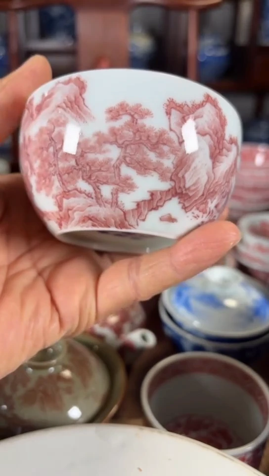 柴窑釉里红山水杯杯
