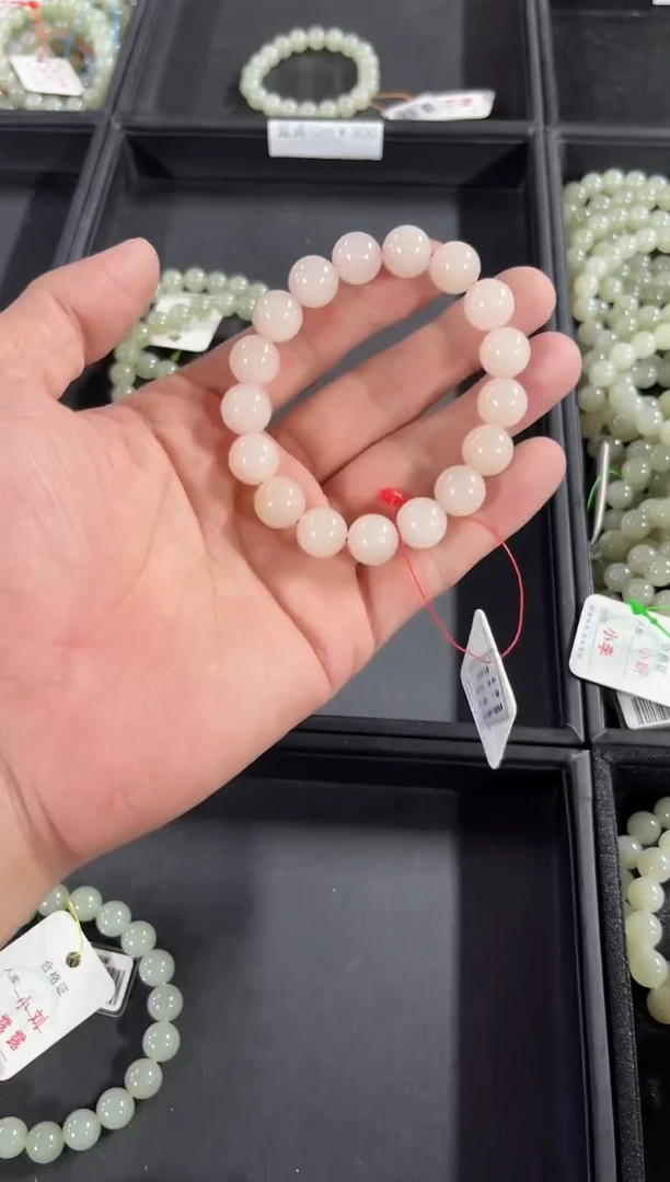未镶嵌手串和田玉阿*.卡12青海藕粉 圆珠