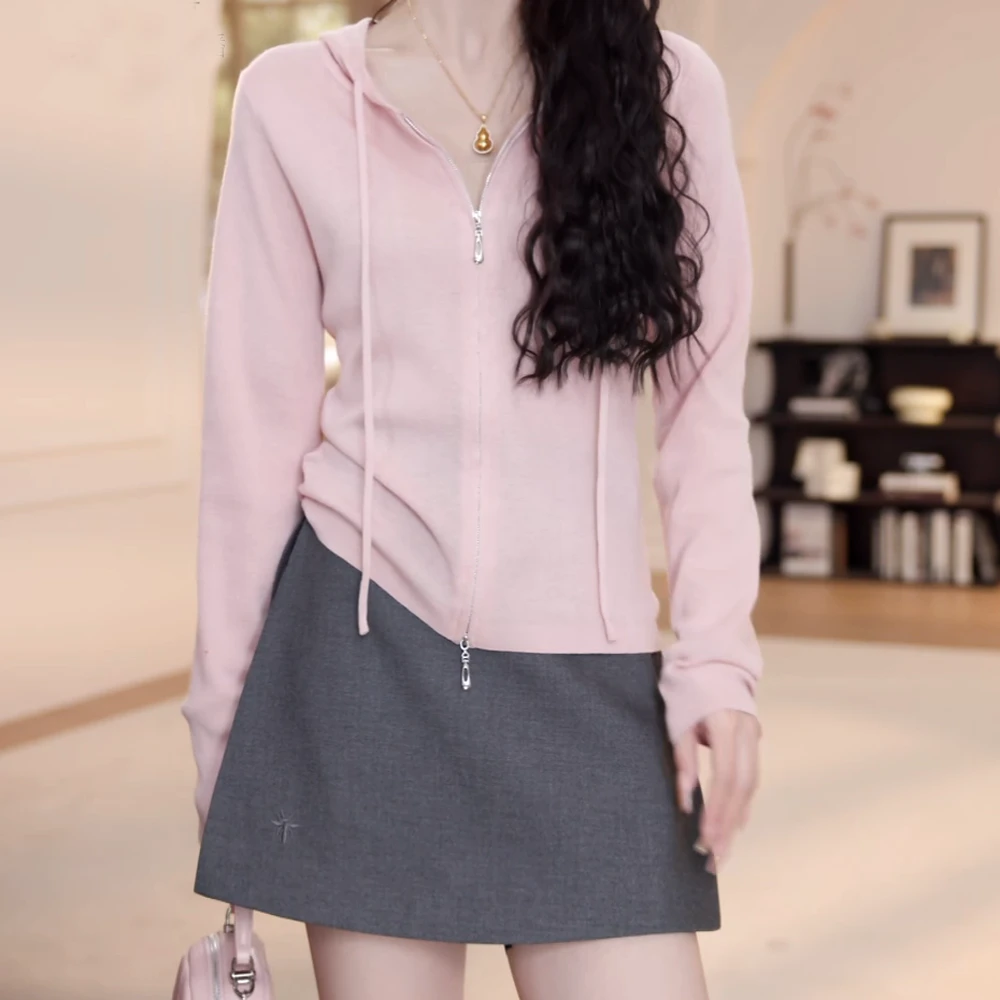 2025春夏新款百搭纯色拉链针织开衫防晒外套长袖上衣粉色