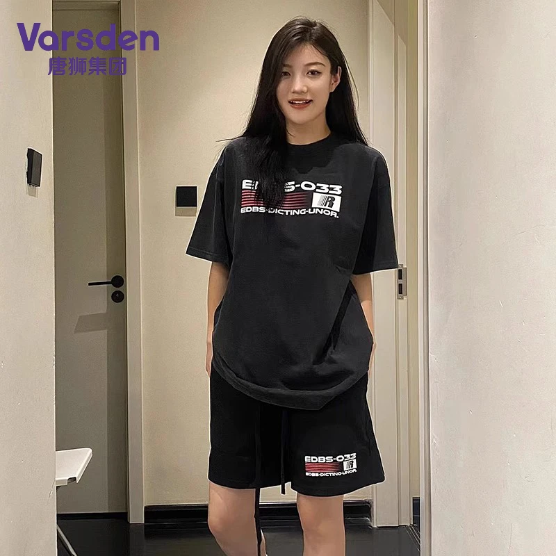 唐狮集团Varsden美式logo英文印花短裤夏男宽松休闲运动风直筒裤