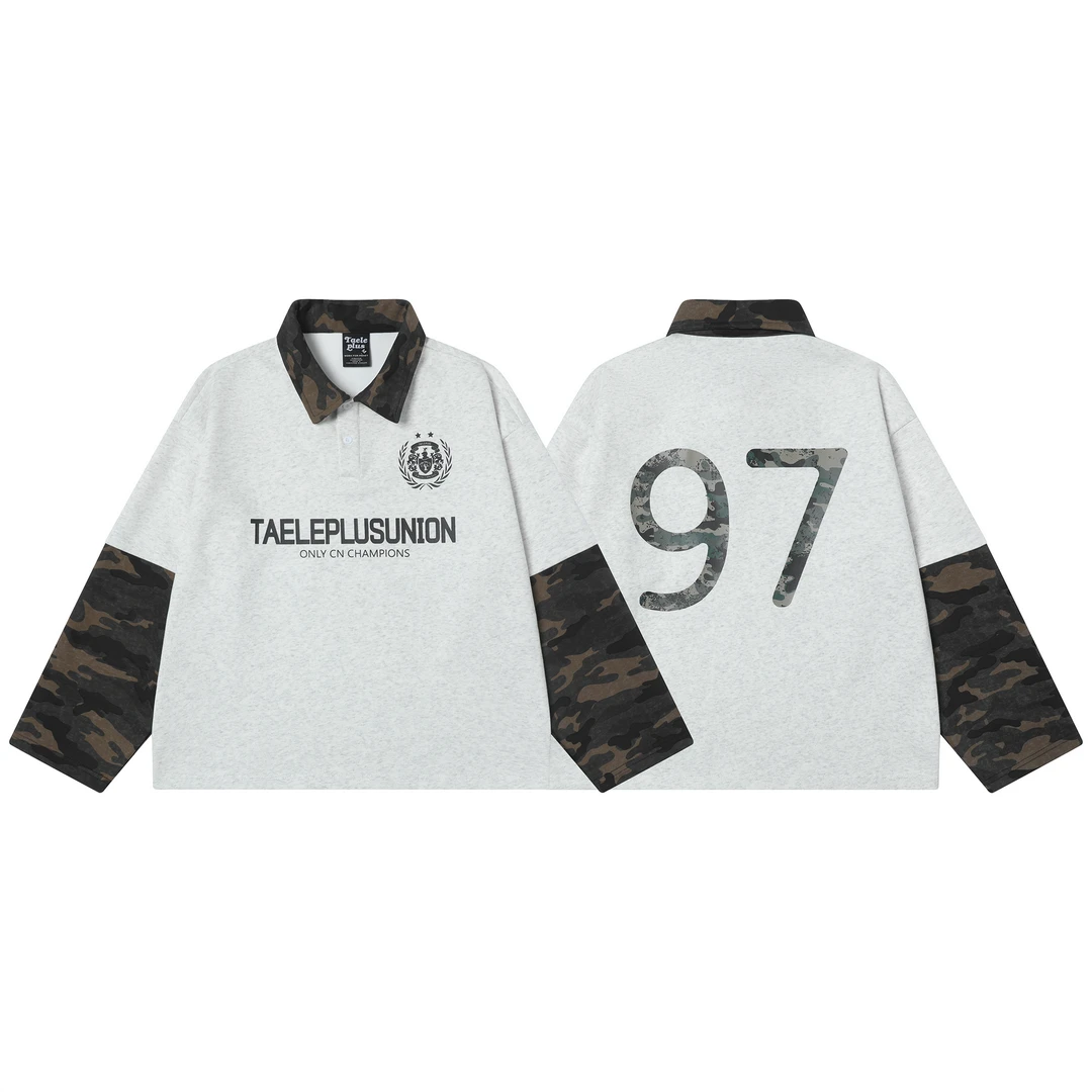 苏格拉底研究所 美式复古球衣POLO衫2025春迷彩拼接假两件长袖T恤