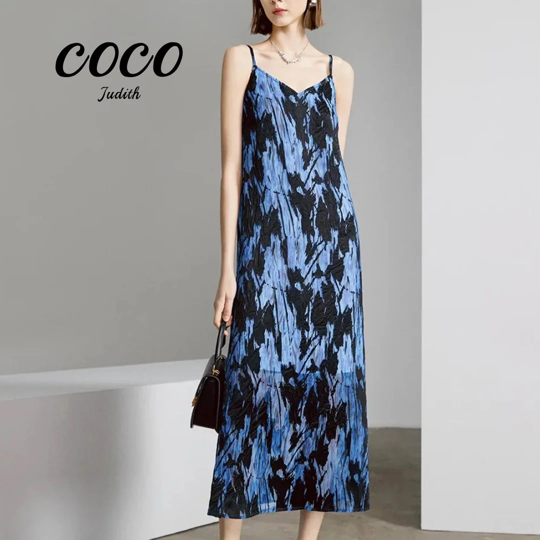 【RG7007】2025新款夏季法式休闲风气质百搭显瘦蓝色印花吊带裙