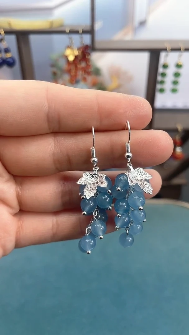 银S925镶嵌耳坠海蓝宝石6mm海蓝葡萄