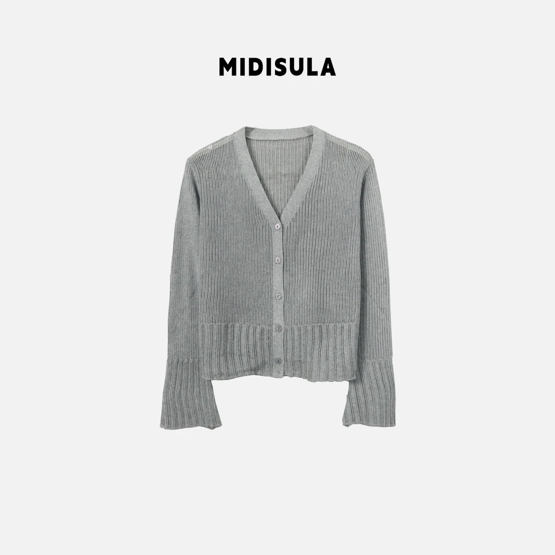 MDSL· V领开衫防晒长袖女春夏新款百搭针织衫镂空纹羊毛衫#0712