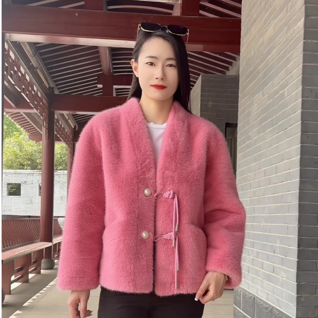 634K#秋冬新款水貂绒V领盘扣国风小个子欧貂绒开衫外套