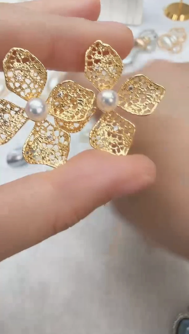 未镶嵌耳饰淡水珍珠镂空四叶