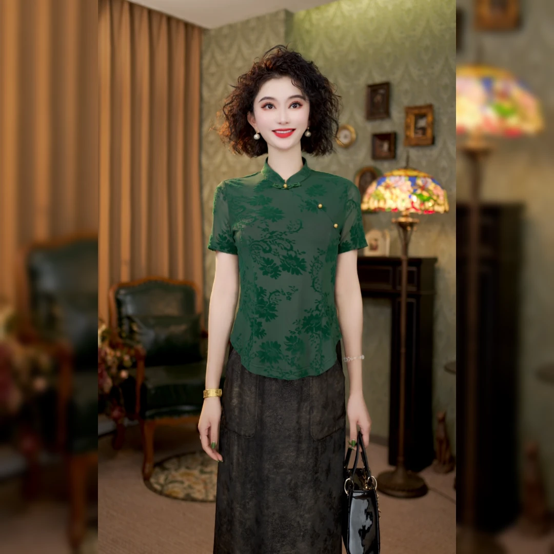 新中式国风旗袍夏装复古立领短袖上衣女LY-G8132