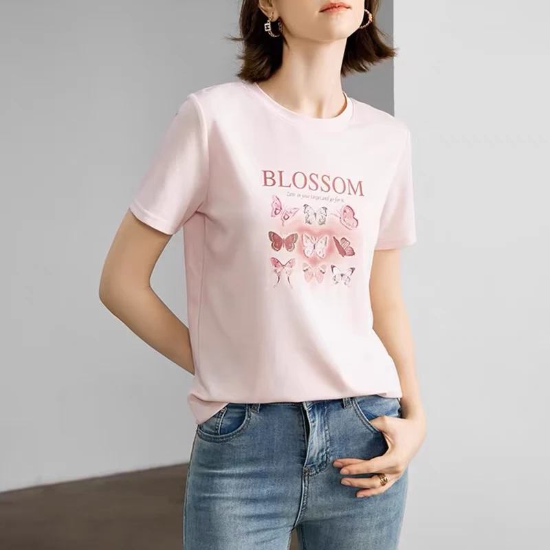 39123-粉色正肩上衣2025新款爆款夏季气质时尚钉珠圆领短袖T恤女