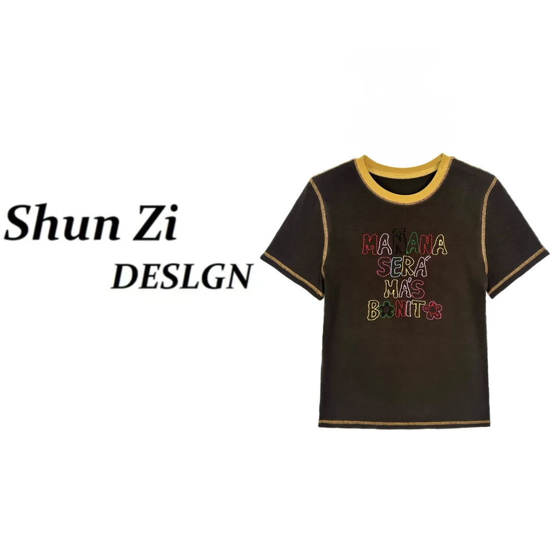 顺子/SZ7026 夏季新款拼接撞色手工刺绣老钱风莱赛尔天.丝短袖T恤