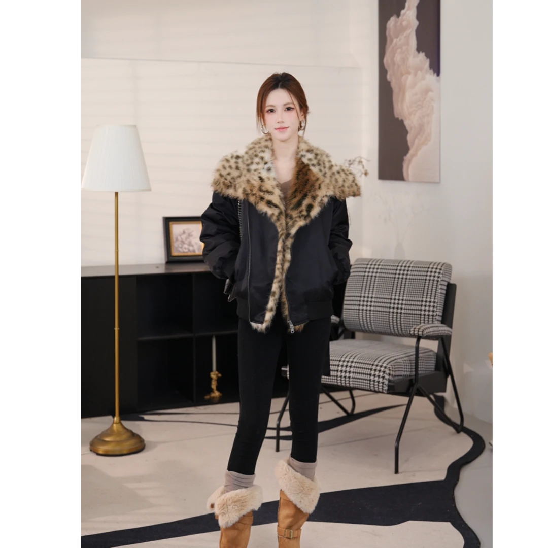 【一鸣专属】黑色豹纹毛领拼接白鸭绒外套秋冬季美式复古派克服上衣