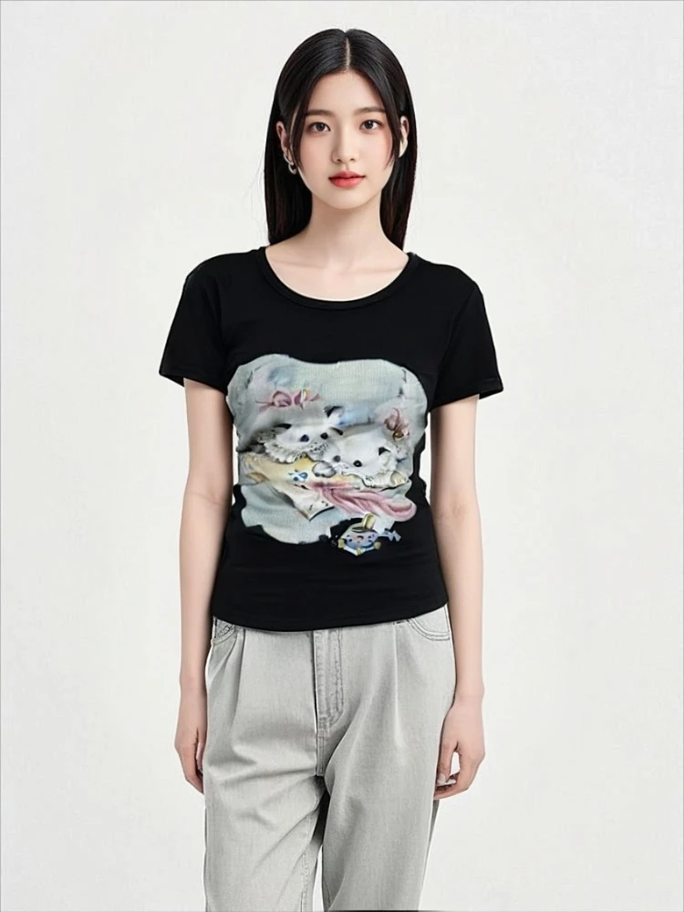 微胖mm美式辣妹猫咪时尚短袖T恤女夏季设计感印花修身显瘦上衣