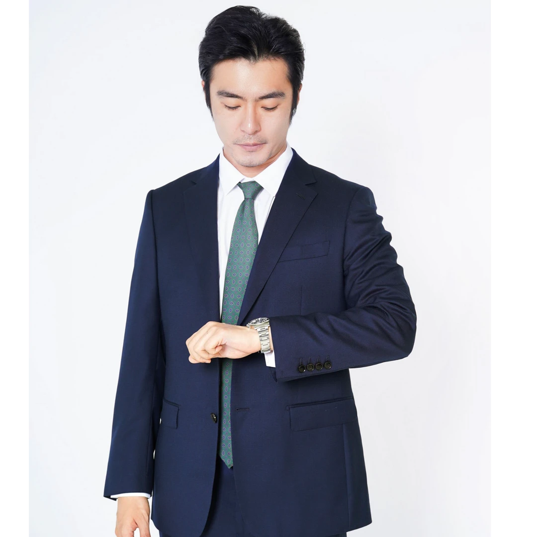 YONZ HOMME半麻衬100%羊毛藏青色男士西服套装商务休闲