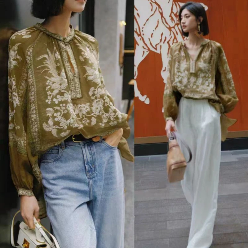 【绿韵繁花】新中式V领长袖衬衫松弛感气质民族风印花上衣.Y9540