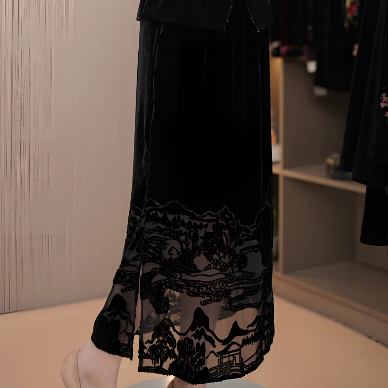 高端真丝丝绒雕花烧花半身开叉A字裙中长款侧松紧腰