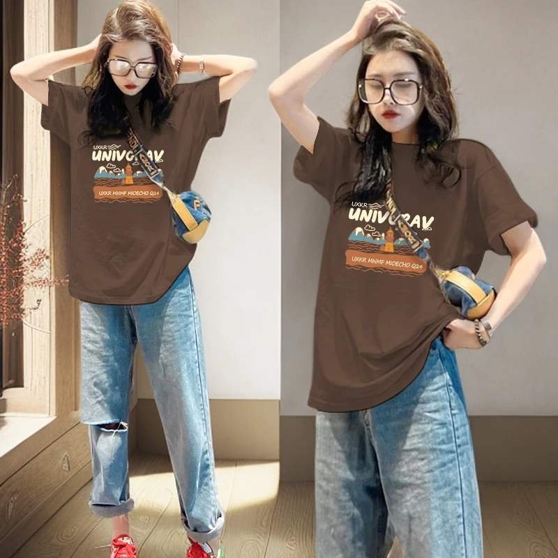 深咖色减龄宽松2025新款洋气中长款短袖上衣体恤夏季纯棉t恤女