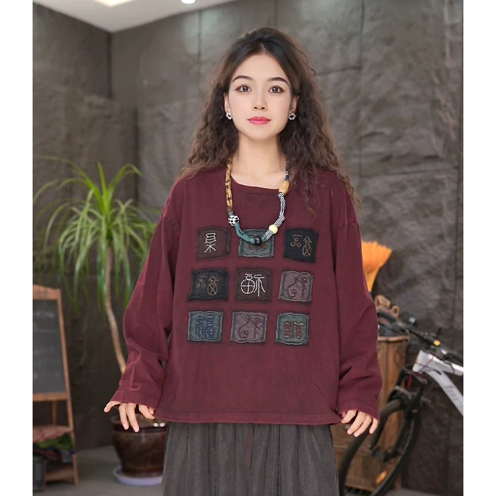 LL秋季新款炒色复古风做旧水洗圆领福字长袖棉T恤女宽松休闲上衣