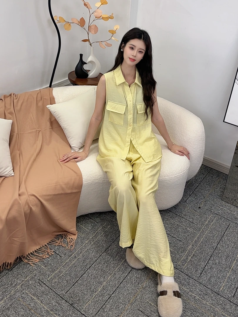 时尚套装气质高腰直筒裤夏季女装无袖背心衬衫宽松长裤设计师