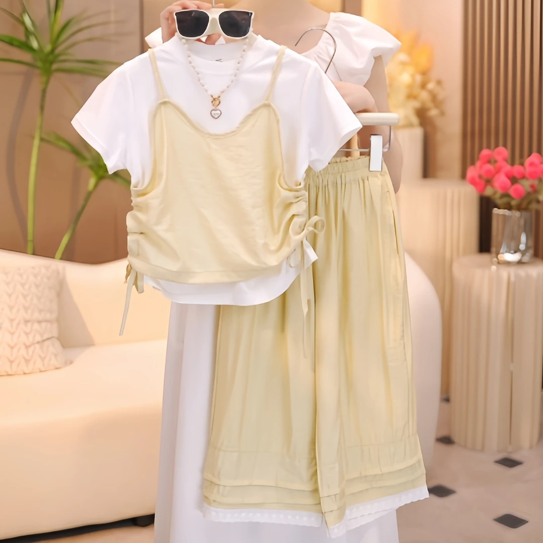 女童套装2025夏季新款韩版洋气休闲假两件短袖T恤阔腿裤两件套
