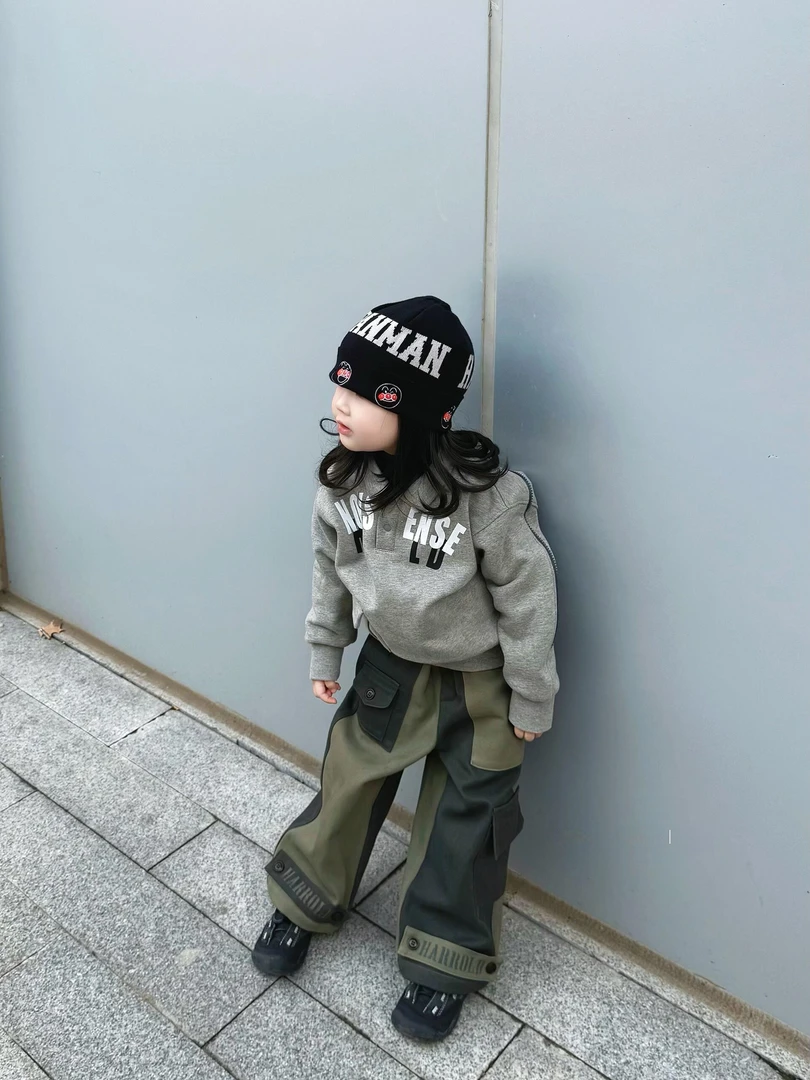 甜小七冬季新款女童男童韩版休闲灰色polo领卫衣拼色工装裤套装