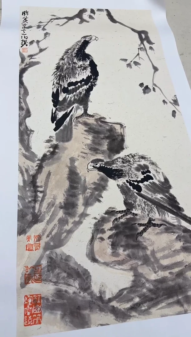 版画伯揆亲签原章版画限量-摹白石笔意《松鹰图》只托裱不带框