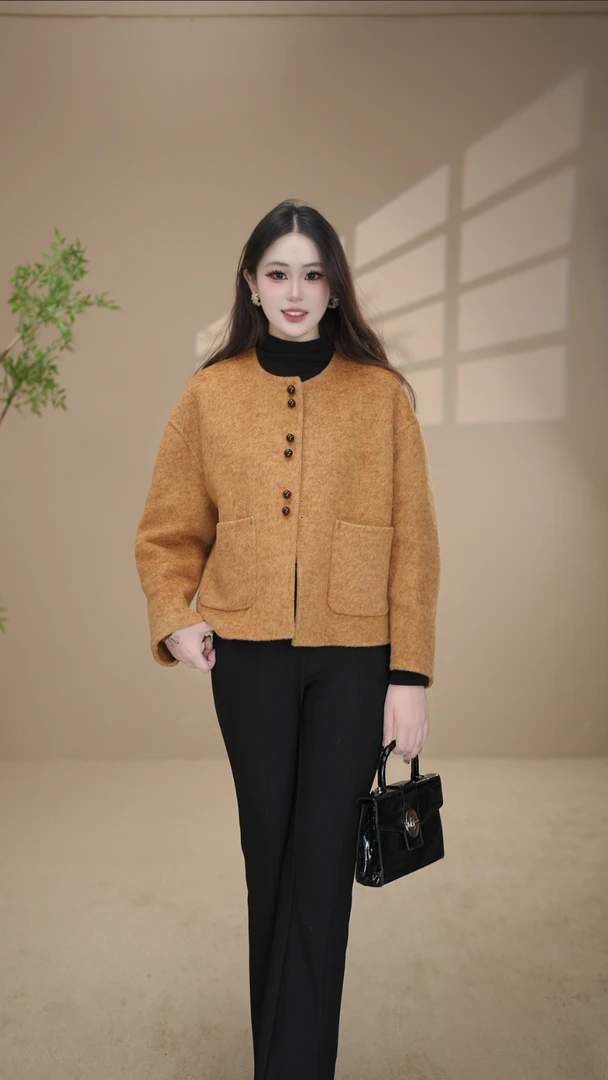 初春气质百搭时尚小香风爆款短款羊毛大衣外套