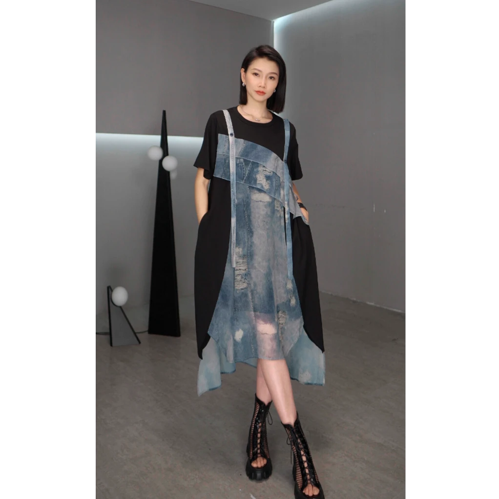鑫鑫2025夏季新款拼接假两件小众设计中长款显瘦气质连衣裙1275