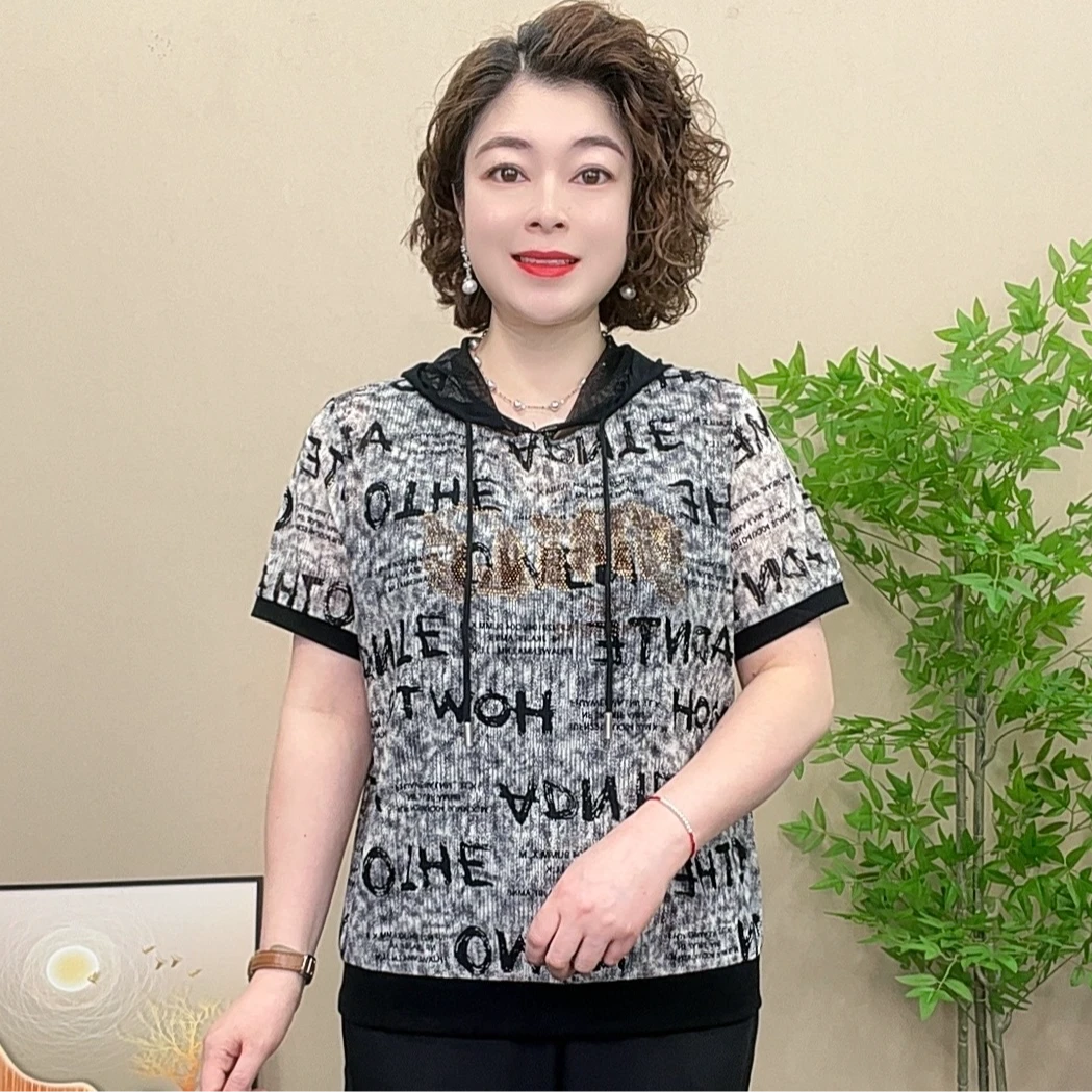 短袖夏季薄款妈妈装连帽大码显瘦上衣洋气时尚气质休闲潮流宽松