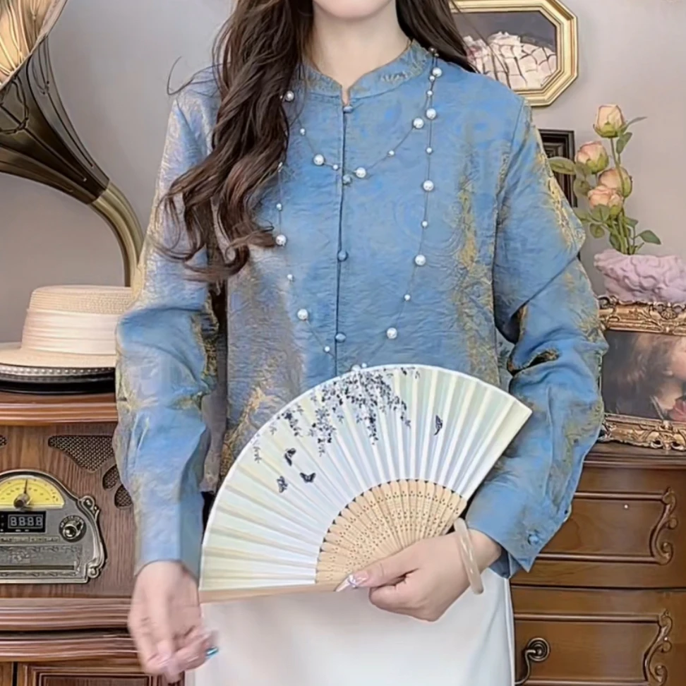 【703】复古新中式小立领衬衫女新款单排扣暗纹提花气质百搭上衣