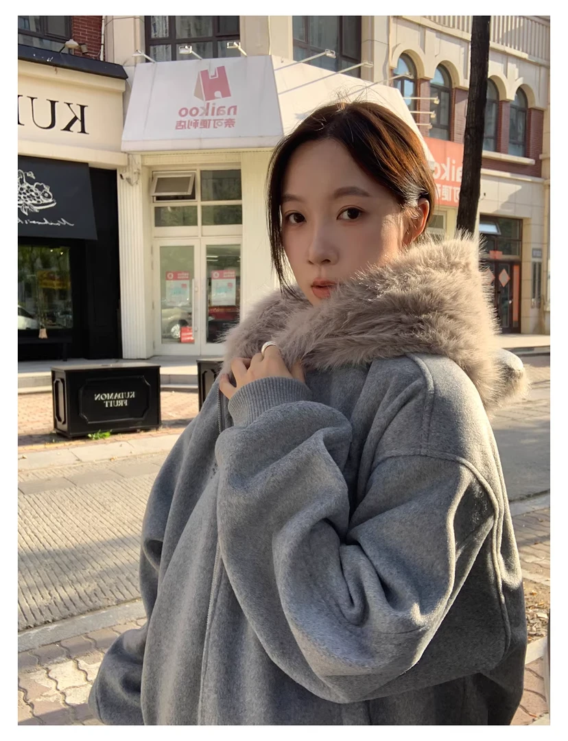 【蛋蛋专属】「毛绒维尼」大毛领连帽卫衣毛呢外套秋冬季夹棉呢大衣