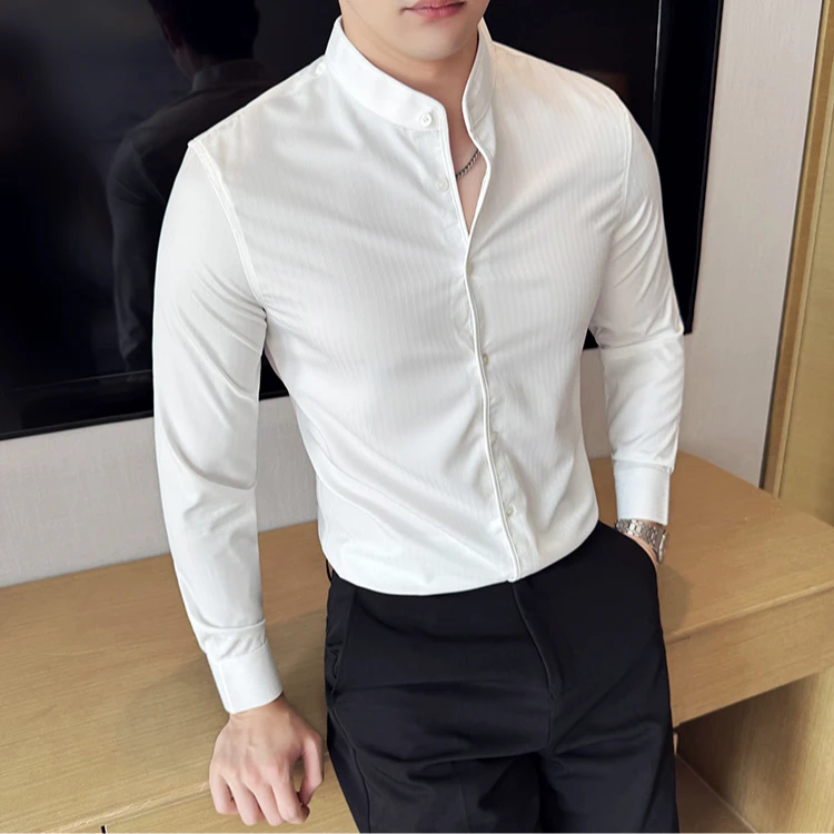 男士白色暗条纹长袖衬衫商务修身轻奢格调高级感免烫正装立领衬衣