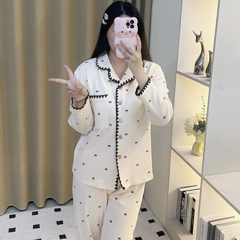 【PIC】秋冬加厚睡衣女双面德绒撞色边满印小熊甜美长袖家居服套装