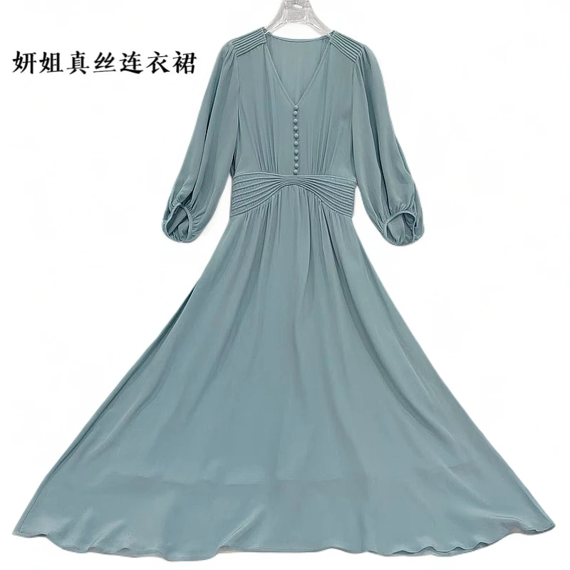 妍姐2025设计师春夏气质收腰大摆真丝轻奢百搭长裙 兰色 25030