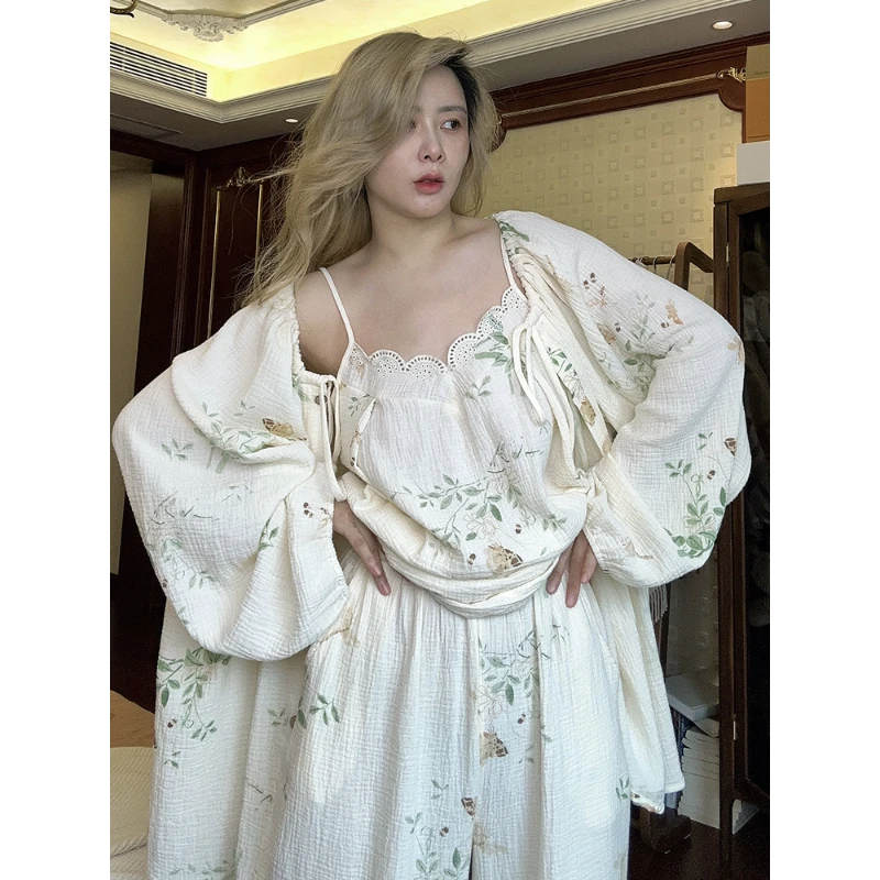 【DMXJ大梦想家】新中式国风睡衣女春秋款吊带可外穿家居服三件套