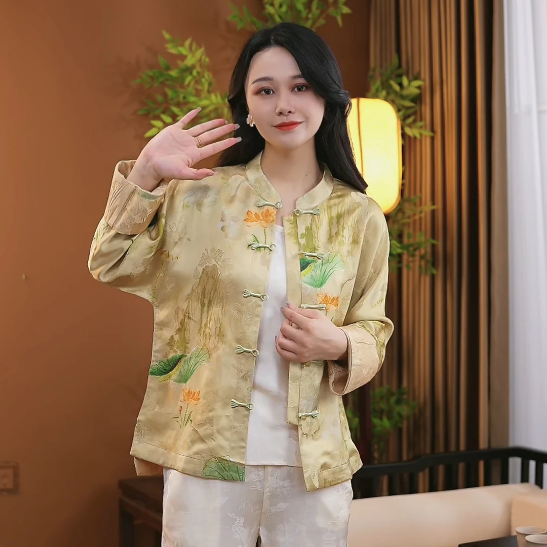 夏季新中式桑蚕丝盘扣衬衫女新款气质中国风百搭长袖上衣S091