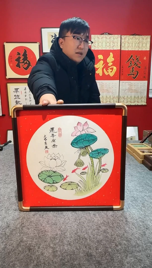 精品实木绘画作品-《莲年有鱼》35*35