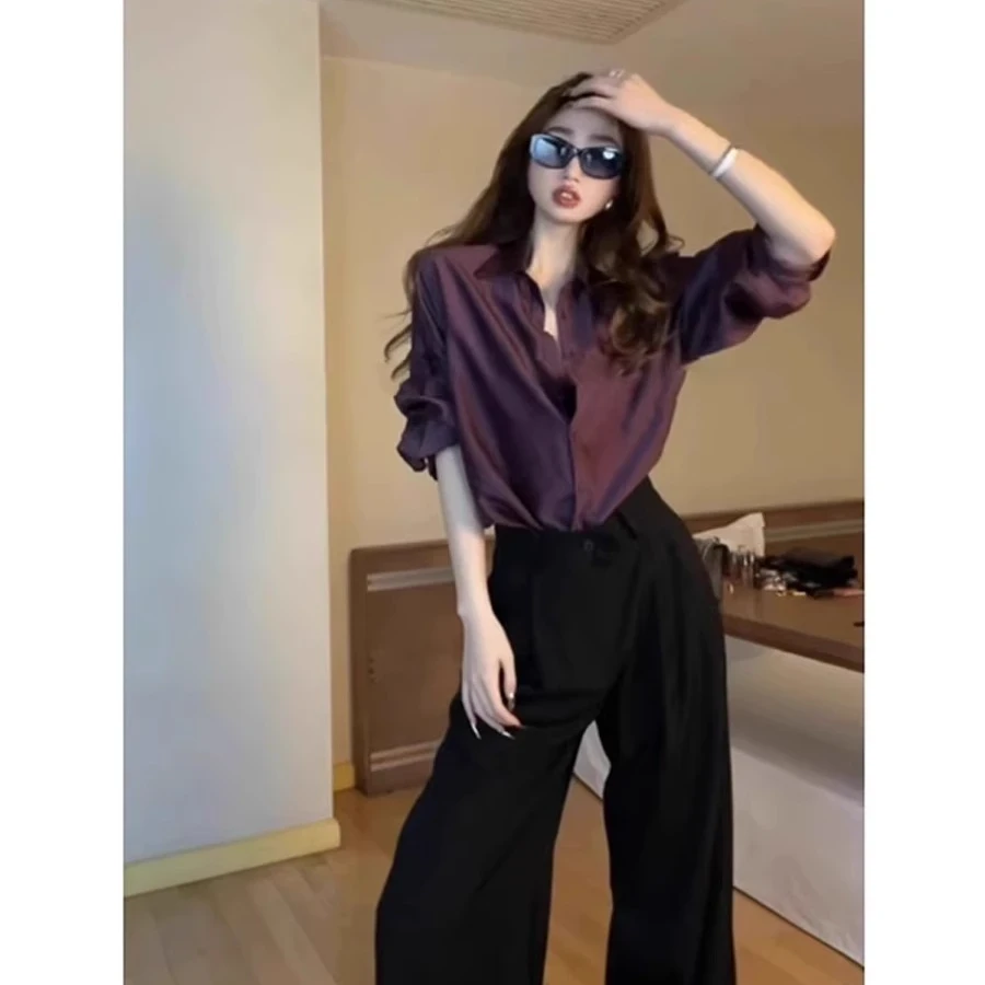 法式紫色醋酸缎面衬衫外套女早秋季薄款外搭衬衣气质时髦百搭上衣