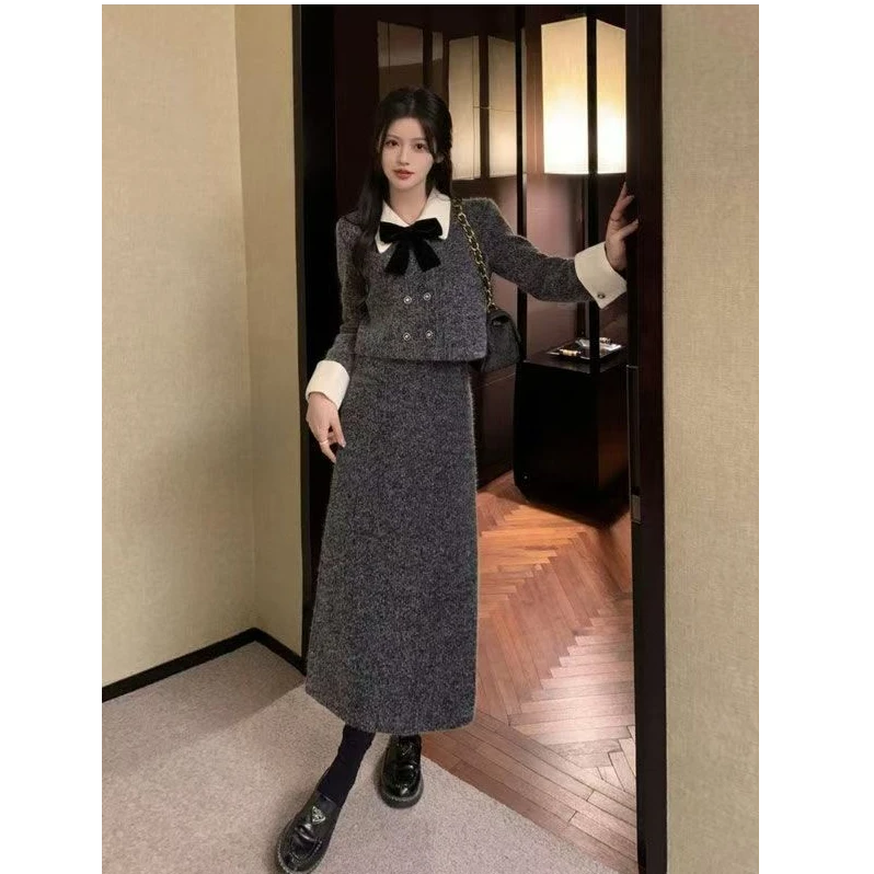 小香风毛呢套装秋冬韩剧女主穿搭洋气时尚蝴蝶结骑行半身裙两件套