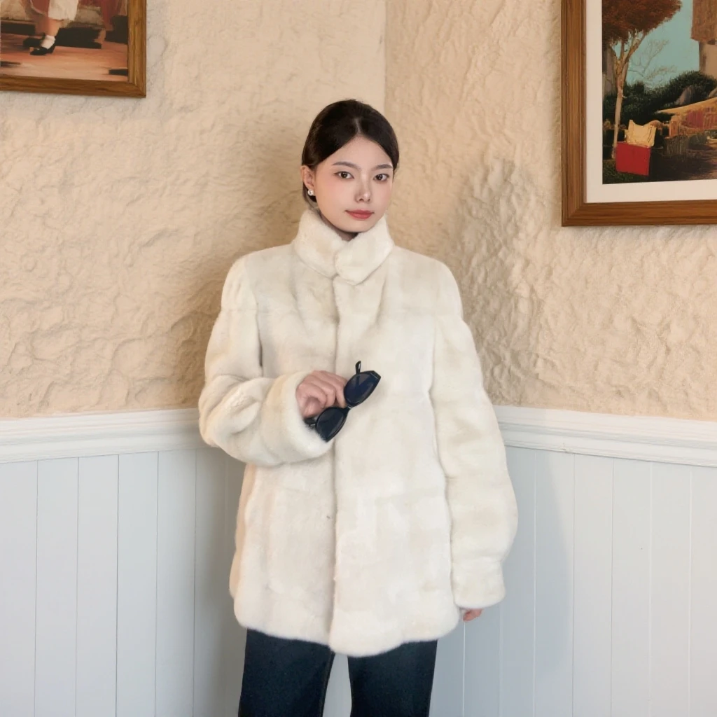 毕诗恋 进口短二母貂珍珠原色 立翻领中长款水貂大衣